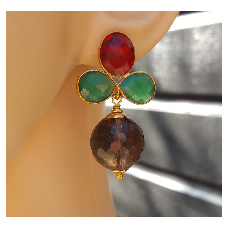 Vergulde oorbellen met Smokey Topaas, groene Onyx en Granaat quartz,