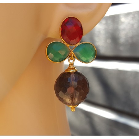 Vergulde oorbellen met Smokey Topaas, groene Onyx en Granaat quartz,
