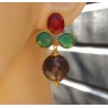 Vergulde oorbellen met Smokey Topaas, groene Onyx en Granaat quartz,