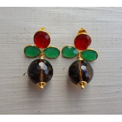 Vergulde oorbellen met Smokey Topaas, groene Onyx en Granaat quartz,