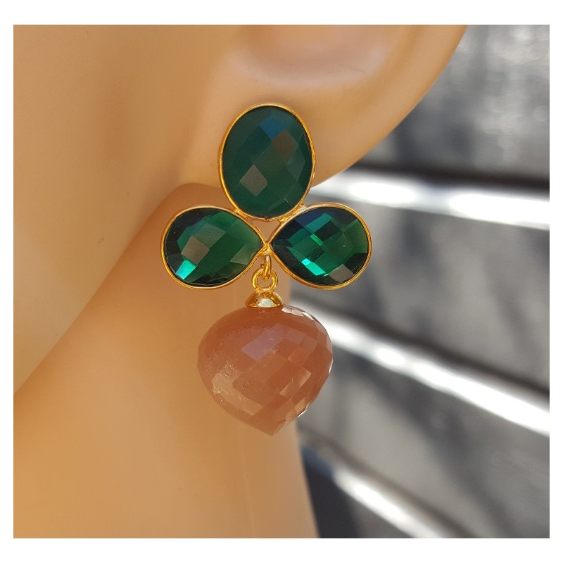 Vergulde oorbellen groene Onyx, Emerald groene quartz en Maansteen