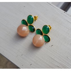 Vergulde oorbellen groene Onyx, Emerald groene quartz en Maansteen