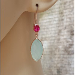 Rosé vergulde oorbellen met aqua Chalcedoon en roze Toermalijn quartz