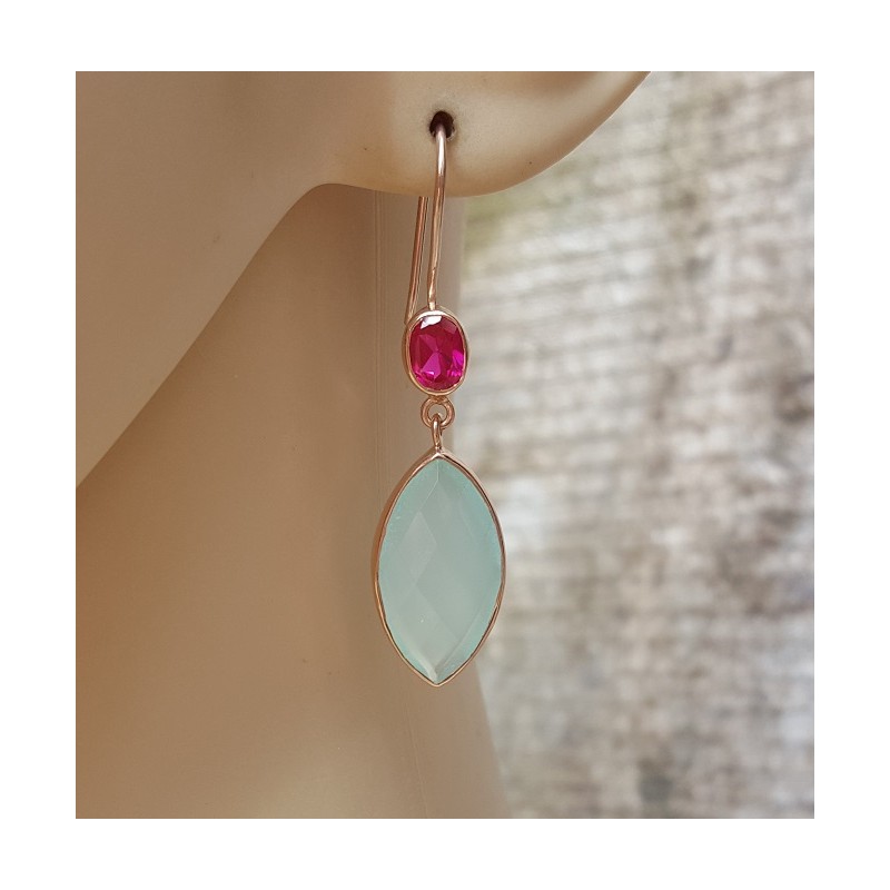 Rosé vergulde oorbellen met aqua Chalcedoon en roze Toermalijn quartz