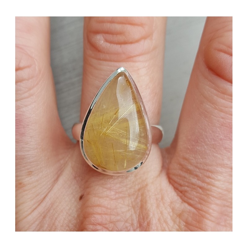 Zilveren ring met druppelvormige gouden Rutielkwarts 18.5