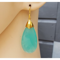 Vergulde oorbellen met grote aqua Chalcedoon briolet