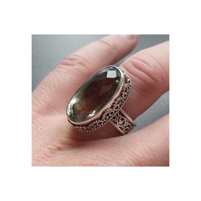 Zilveren ring groene Amethist bewerkte setting maat 17.3 mm