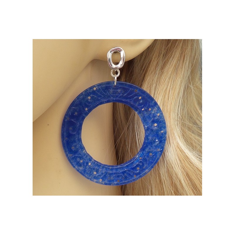 Oorbellen grote ronde uitgesneden blauwe Jade