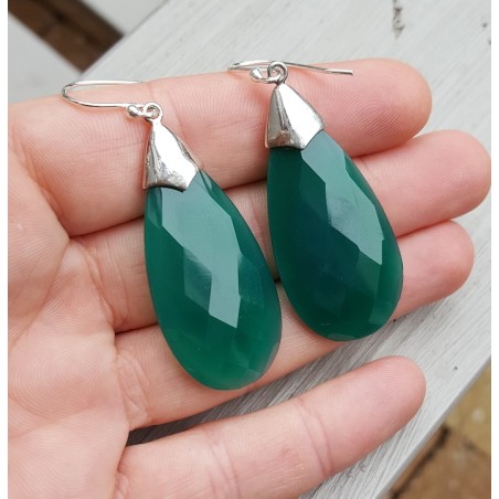 Zilveren oorbellen met grote groene Onyx briolet