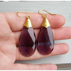 Vergulde oorbellen met grote Amethist quartz briolet