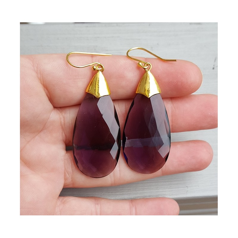 Vergulde oorbellen met grote Amethist quartz briolet