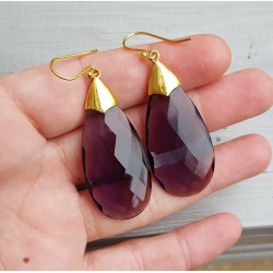 Vergulde oorbellen met grote Amethist quartz briolet