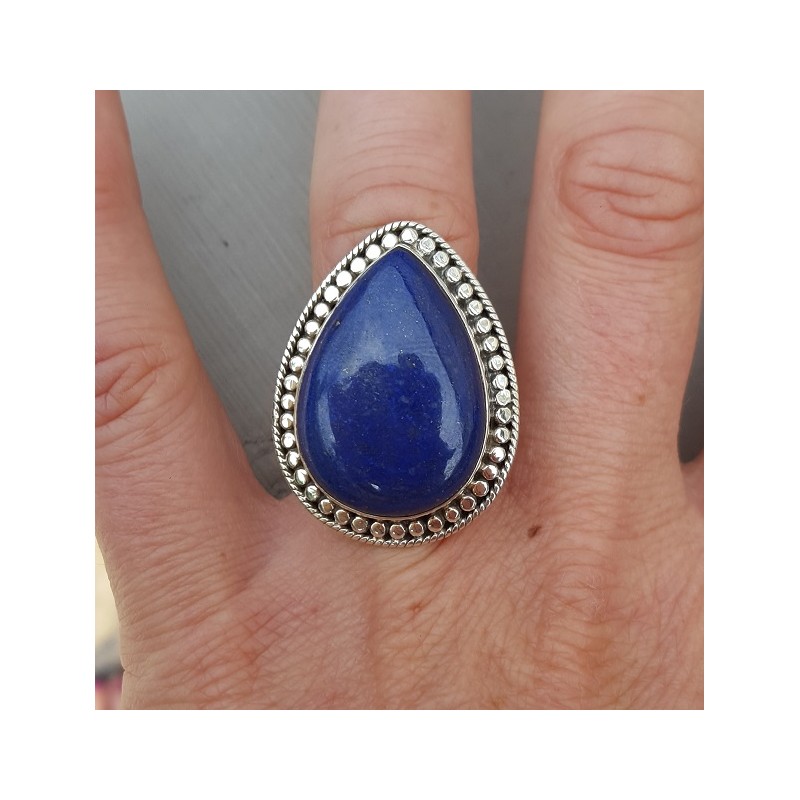 Zilveren ring gezet met druppelvormige Lapis Lazuli verstelbaar