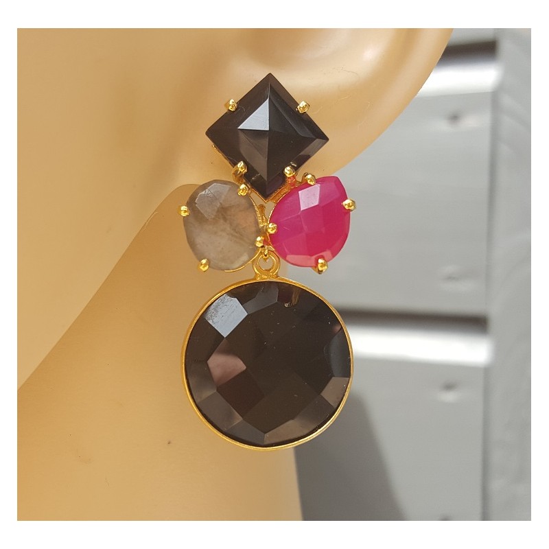 Vergulde oorbellen met Chalcedoon, Labradoriet en Onyx