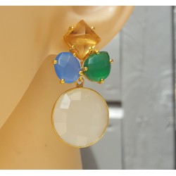 Vergulde oorbellen met Chalcedoon, groene Onyx en Citrien quartz