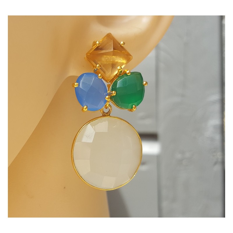 Vergulde oorbellen met Chalcedoon, groene Onyx en Citrien quartz