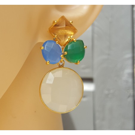 Vergulde oorbellen met Chalcedoon, groene Onyx en Citrien quartz