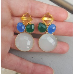 Vergulde oorbellen met Chalcedoon, groene Onyx en Citrien quartz