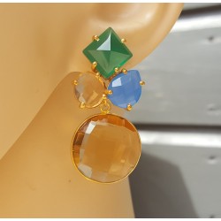 Vergulde oorbellen met Champagne Topaas, Chalcedoon en Onyx