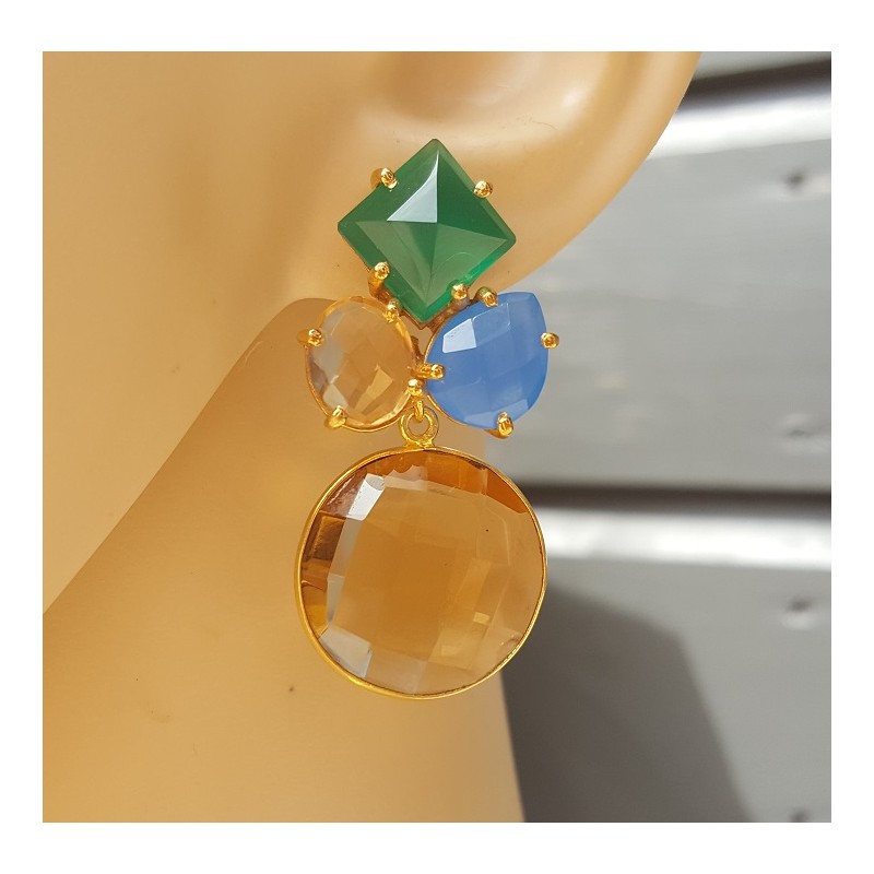 Vergulde oorbellen met Champagne Topaas, Chalcedoon en Onyx