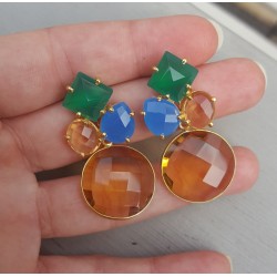 Vergulde oorbellen met Champagne Topaas, Chalcedoon en Onyx