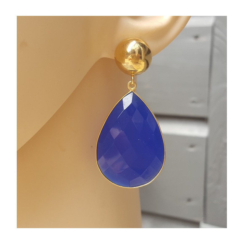 Vergulde oorbellen grote kobalt blauwe Chalcedoon briolet
