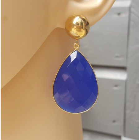 Vergulde oorbellen grote kobalt blauwe Chalcedoon briolet