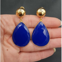 Vergulde oorbellen grote kobalt blauwe Chalcedoon briolet