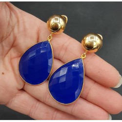 Vergulde oorbellen grote kobalt blauwe Chalcedoon briolet