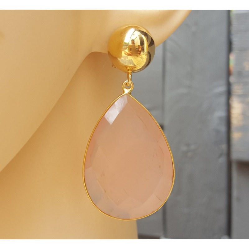 Vergulde oorbellen grote roze Chalcedoon briolet