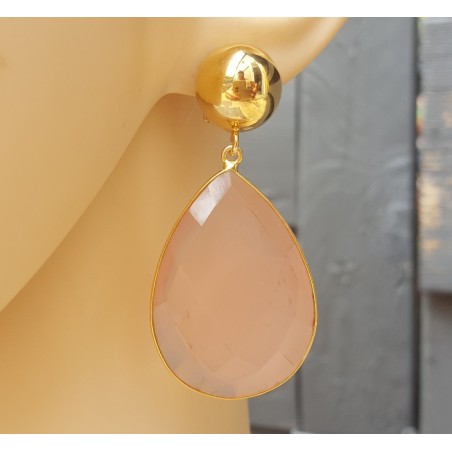 Vergulde oorbellen grote roze Chalcedoon briolet