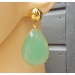 Vergulde oorbellen grote aqua Chalcedoon briolet