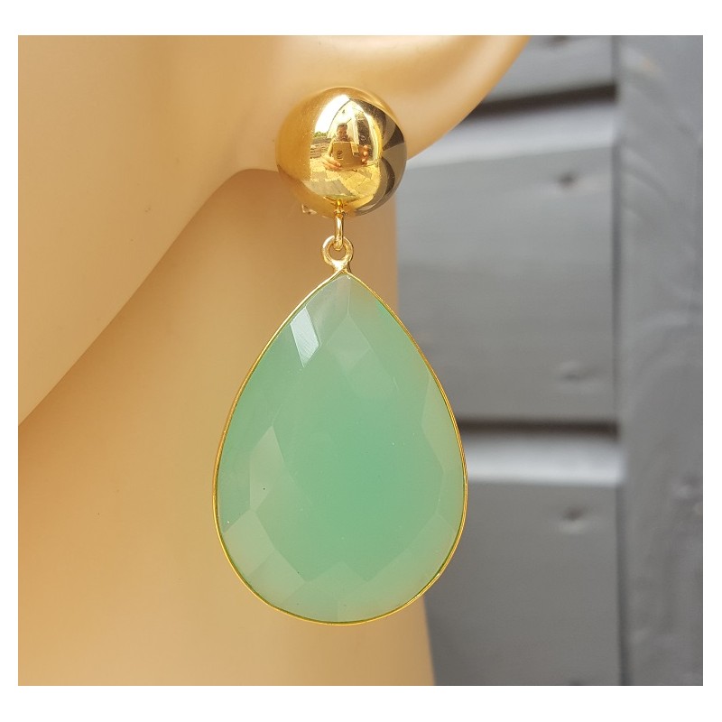 Vergulde oorbellen grote aqua Chalcedoon briolet