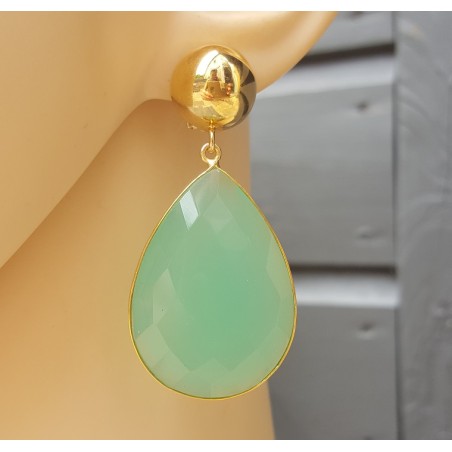 Vergulde oorbellen grote aqua Chalcedoon briolet
