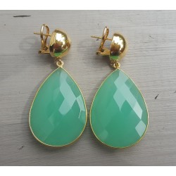 Vergulde oorbellen grote aqua Chalcedoon briolet