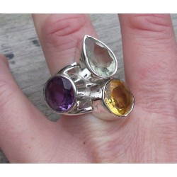 Zilveren ring gezet met Citrien, Amethist en groene Amethist 18