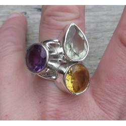 Zilveren ring gezet met Citrien, Amethist en groene Amethist 18