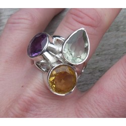 Zilveren ring gezet met Citrien, Amethist en groene Amethist 18