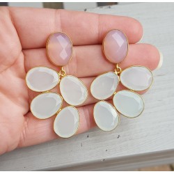 Vergulde oorbellen met wit en roze Chalcedoon