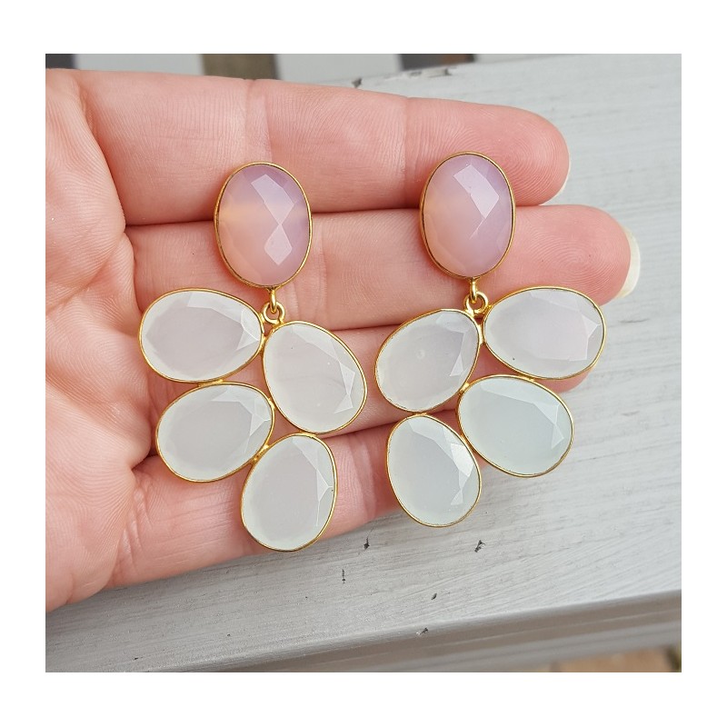 Vergulde oorbellen met wit en roze Chalcedoon