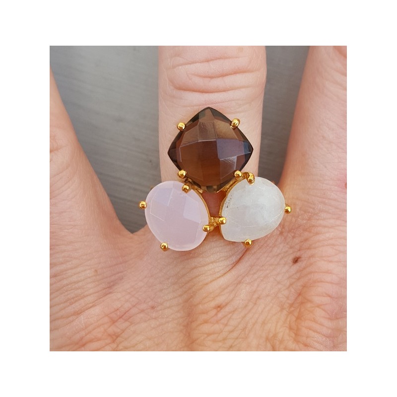Vergulde ring met Maansteen, Chalcedoon en Smokey Topaas verstelbaar