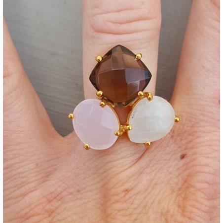 Vergulde ring met Maansteen, Chalcedoon en Smokey Topaas verstelbaar