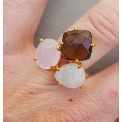 Vergulde ring met Maansteen, Chalcedoon en Smokey Topaas verstelbaar