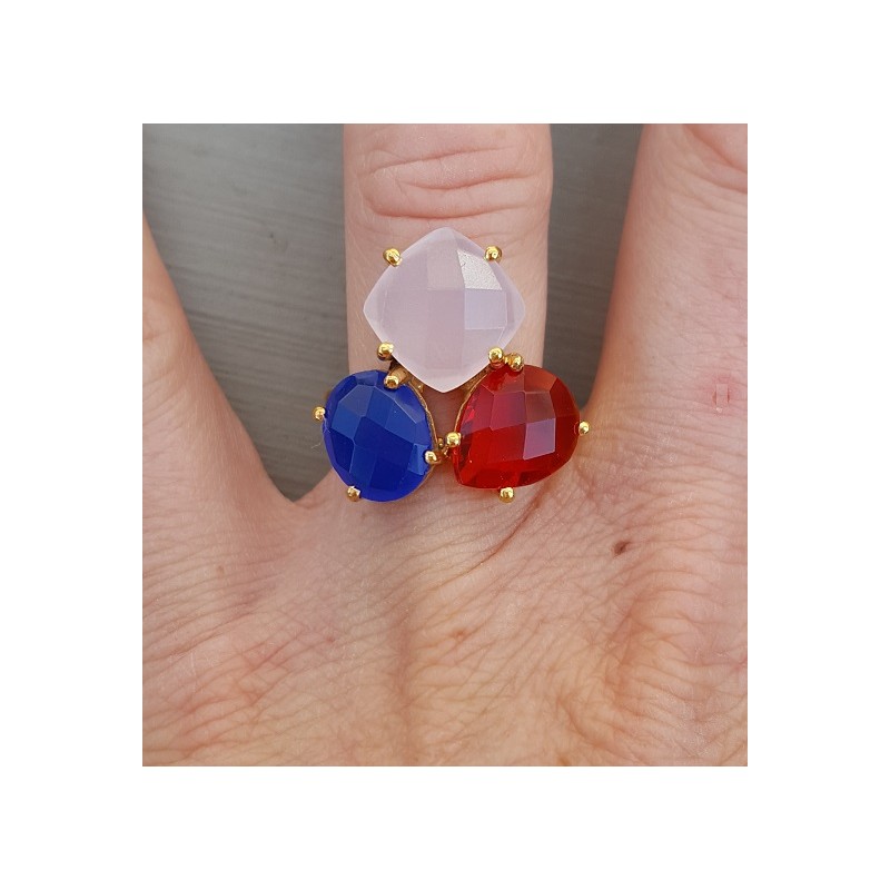 Vergulde ring met rode quartz en Chalcedoon verstelbaar