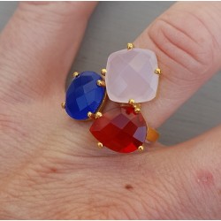 Vergulde ring met rode quartz en Chalcedoon verstelbaar