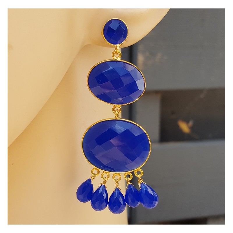Vergulde oorbellen met kobalt blauw Chalcedoon