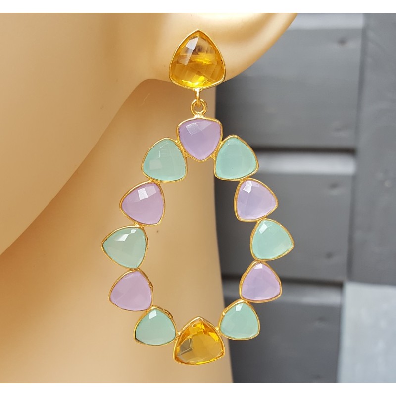Vergulde oorbellen Citrien quartz en Chalcedoon