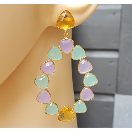 Vergulde oorbellen Citrien quartz en Chalcedoon