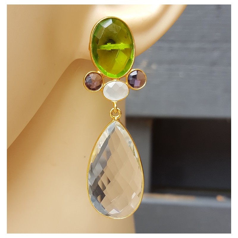 Vergulde oorbellen met Bergkristal en Peridot quartz