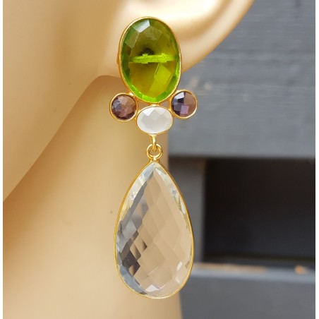 Vergulde oorbellen met Bergkristal en Peridot quartz